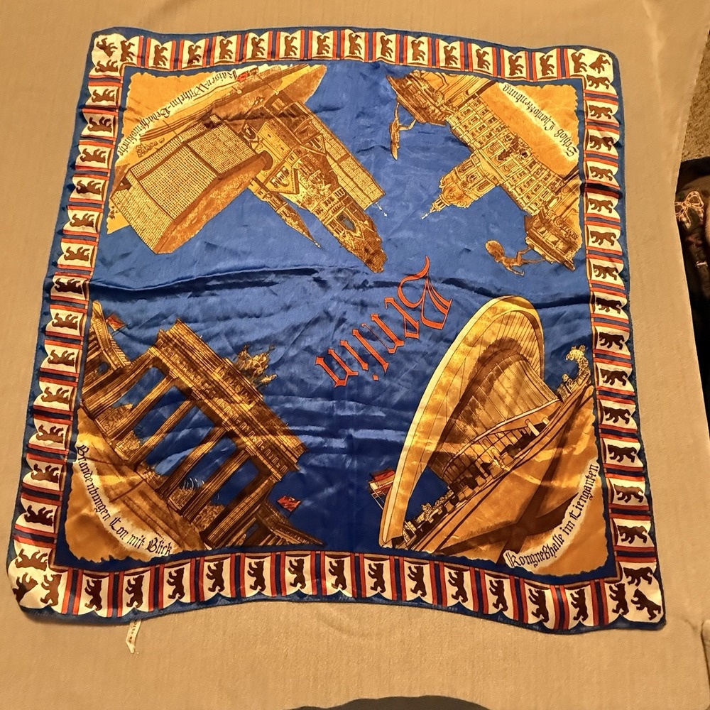 Berlin Germany Souvenir Scarf 26x26 Blue Gold Landmarks Brandenburg Gate Bear